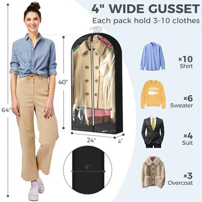 4 pack 60" Clear Garment Bags for Hanging Clothes, Suit Bags for Closet Storage, Clothing Storage, Garment Bags for Travel Covers with 4" Gussets for Coats, Jackets, Shirts, Dresses & Sweater, Black