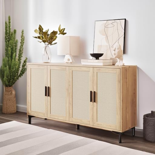 JASIWAY Buffet Cabinet with Storage, 48" Rattan Coffee Bar Cabinet Station | Accent Sideboard with Adjustable Shelves, Credenza for Dining Room, Kitchen, Living Room, Entryway, Anti-Tip, Wood
