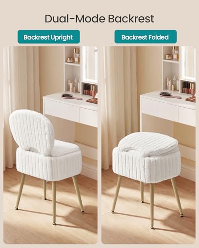 SONGMICS Small Vanity Chair with Storage and Folding Back, Vanity Stool, Footrest Footstool Ottoman, Dressing Table Stool, Furry Padded Seat, for Makeup Room, Bedroom, Cream White ULOM532WD01