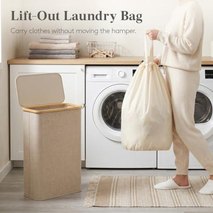 Lifewit 65L Slim Laundry Hamper with Lid, Narrow Laundry Basket with Removable Bag & Bamboo Handles, Fodable Thin Dirty Clothes Hamper for Laundry Collapsible Bin for Bathroom Bedroom Dorm, Beige