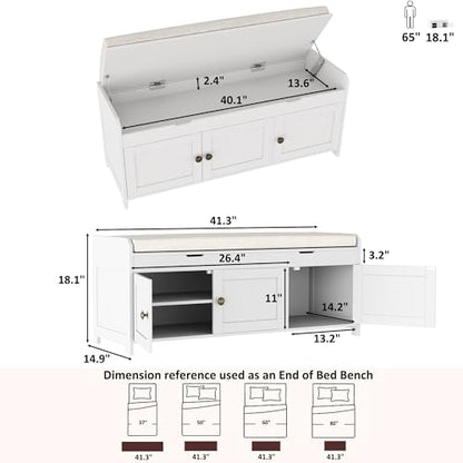 HOMEFORT 41.3" Shoe Bench with Lift Top Storage, Entryway Bench with Cushioned Seat, Wooden End of Bed Bench, Shoe Cabinet Bench with Hidden Storage Space, for Bedroom, Hallway,White