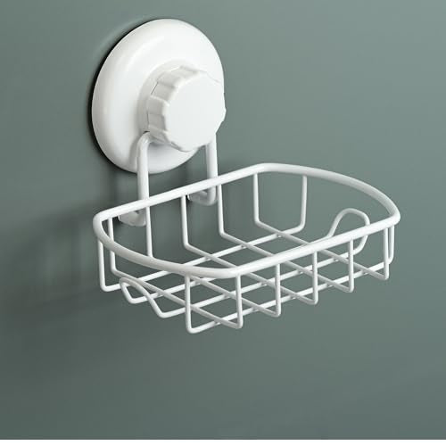 HASKO Suction Cup Soap Dish for Shower Wall, Rustproof Stainless Steel Shower Soap Holder with Hooks for Bathroom, Includes Optional No Drill Adhesive Mount and Soap Savers, 2 Pack, White