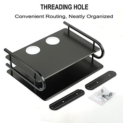 Black Metal Double Wireless WiFi Router Storage Box Wall Hanging Shelf with Cable Organizer, 2 Shelves, Large