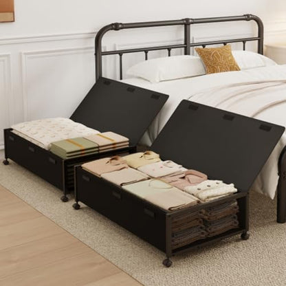 2Pack Under Bed Storage Containers, 10 inch Height,31 inch Long | Under Bed Shoe Storage,Underbed Storage with Wheels,Large Rolling under bed Clothes Storage Drawers,Lid,Dorm Tall,Black
