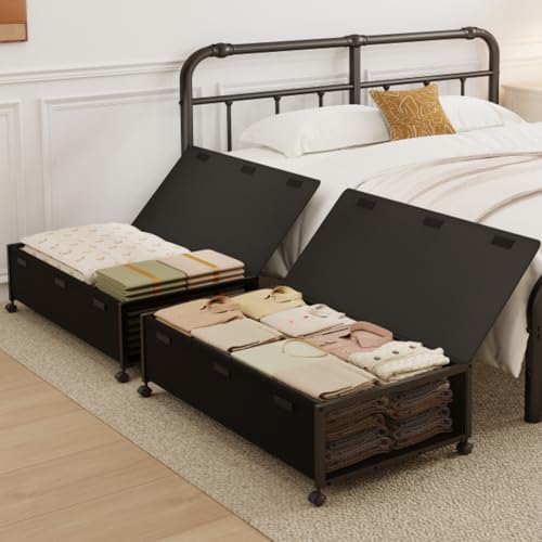 Fokyfok 2Pack Under Bed Storage Containers, 10 inch Height,31 inch Long | Under Bed Shoe Storage,Underbed Storage with Wheels,Large Rolling under bed Clothes Storage Drawers,Lid,Dorm Tall,Black