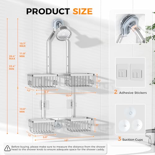 Adjustable Aluminum Shower Caddy Hanging for Handheld Showerhead, Silver | Rustproof Aluminum, Shower Organizer, Anti-Slip, Quick-Drain Shelf, 40lbs Capacity, Suction Cups, 8 Hooks, Razor Soap Holders