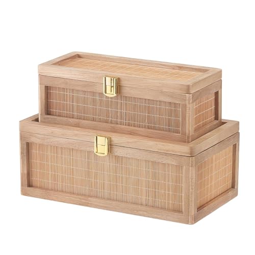 Natural Bamboo Decorative Box with Lids, Unique Decorative Boxes Set of 2, Boho Wedding Keepsake Box, Memory Box with Lid for Crafts, trinkets and Photo Storage
