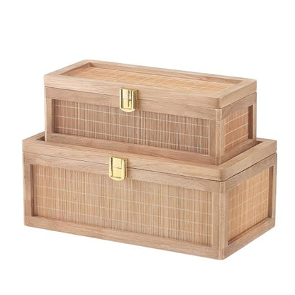 Natural Bamboo Decorative Box with Lids, Unique Decorative Boxes Set of 2, Boho Wedding Keepsake Box, Memory Box with Lid for Crafts, trinkets and Photo Storage