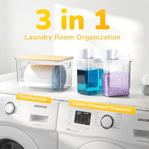 Trash Bag Dispenser Holder, 3-in-1 Laundry Detergent Dispenser Under Sink Organizer Box & Bamboo Lid, Clear Laundry Room Organization and Storage, Kitchen Garbage Bags Storage Container