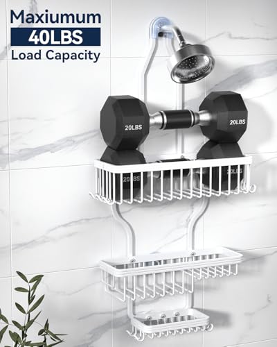 Never Rust Shower Caddy Hanging, Aluminum Shower Racks for Inside Shower, 3-Tier Shower Organizer Hanging Over Shower Head with Hooks and Soap Holder, White