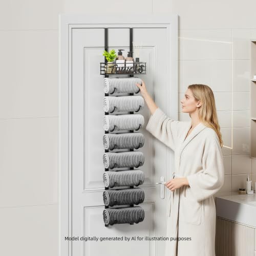 Hanging Towel Racks for Bathroom - 9 Tier Over the Door & Wall Mounted Bath Rolled Towel Storage Organizer Holder for Small Bathroom, RV, Camper, Black (Patented)