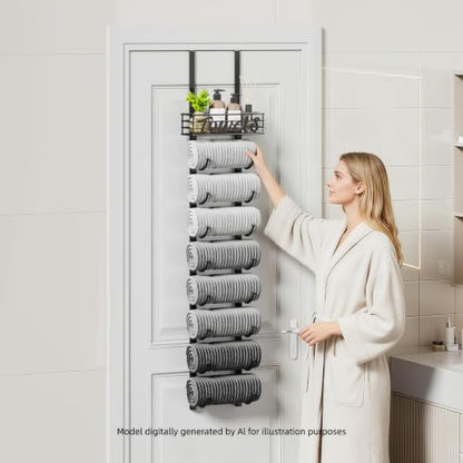 Hanging Towel Racks for Bathroom - 9 Tier Over the Door & Wall Mounted Bath Rolled Towel Storage Organizer Holder for Small Bathroom, RV, Camper, Black (Patented)