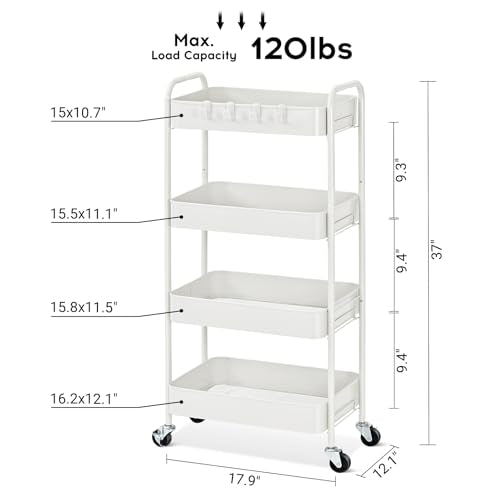 TOOLF 4 Tier Metal Rolling Cart, Utility Storage Cart with Wheels, White | Screwless Assembly, Lockable Metal Wheels, Trolley Organizer for Bathroom, Kitchen, Office, Dorm, Laundry, Craft Room