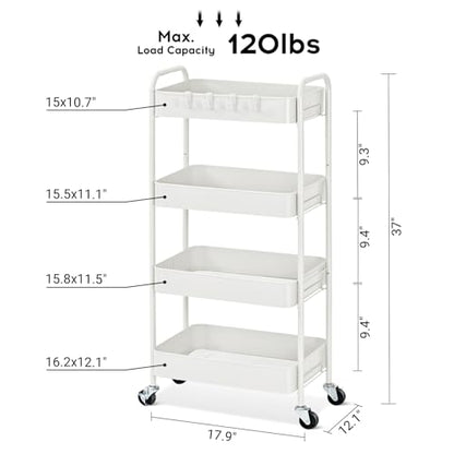 TOOLF 4 Tier Metal Rolling Cart, Utility Storage Cart with Wheels, White | Screwless Assembly, Lockable Metal Wheels, Trolley Organizer for Bathroom, Kitchen, Office, Dorm, Laundry, Craft Room