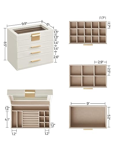 SONGMICS GISELLA Collection - Jewelry Box with Glass Lid, 4-Layer Jewelry Organizer, 3 Drawers, for Sunglasses, Big Jewelry, Jewelry Storage, Modern Style, Cloud White and Gold Colour UJBC161W01