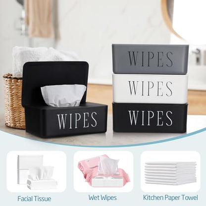 3 Pack Baby Wipes Dispenser Holder Wipe Container for Bathroom with Lid Toilet Tissue Paper Storage Refillable Box for Home Office Cars(Small,Black, White, Gray)