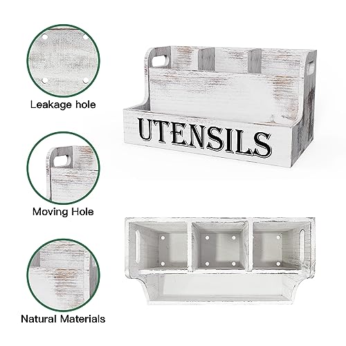 Extra Large Kitchen Utensils Holder, 2 Tier, 4 Compartments | Wooden Utensil Organizer for Kitchen Countertop, Spacesaving, Farmhouse Decor, Large Capacity, White Grain