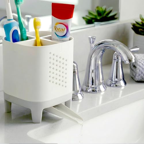 Toothbrush Holder for Bathroom Counter – Self Draining Toothbrush Organizer | Detachable Funnel for Electric & Manual Toothbrushes – Family Toothpaste Holder Set