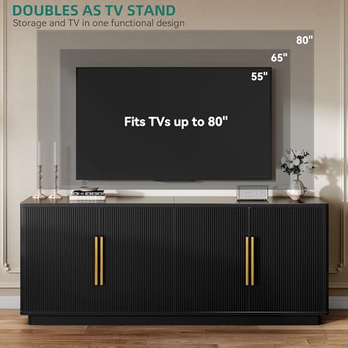YITAHOME 70" TV Stand for up to 80" TVs with 4 Fluted Doors, Black Oak | Entertainment Center with 4 Fluted Doors, for Living Room, Ample Storage, Fits up to 80 Inch TVs, Media Console