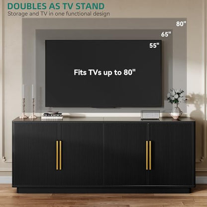 YITAHOME 70" TV Stand for up to 80" TVs with 4 Fluted Doors, Black Oak | Entertainment Center with 4 Fluted Doors, for Living Room, Ample Storage, Fits up to 80 Inch TVs, Media Console