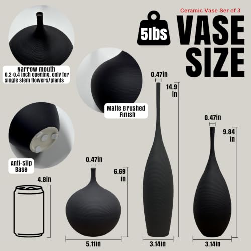 Black Ceramic Vases Set of 3, Modern Boho Vases for Centerpiece Decor, Matte Minimalist Decorative Vases for Home Decor, Living Room, Bookshelf, and Entryway Table Decor