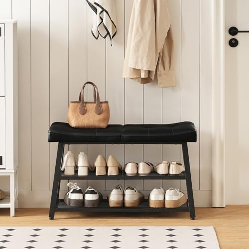 Shoe Bench, 3-Tier Shoe Rack, Entryway Bench with Storage and Cushion, for Hallway, Foyer, Bedroom, Black HX02BB
