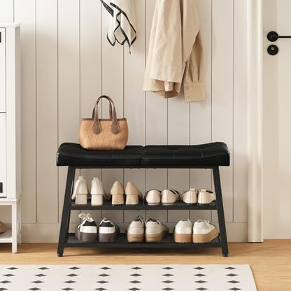 Shoe Bench, 3-Tier Shoe Rack, Entryway Bench with Storage and Cushion, for Hallway, Foyer, Bedroom, Black HX02BB