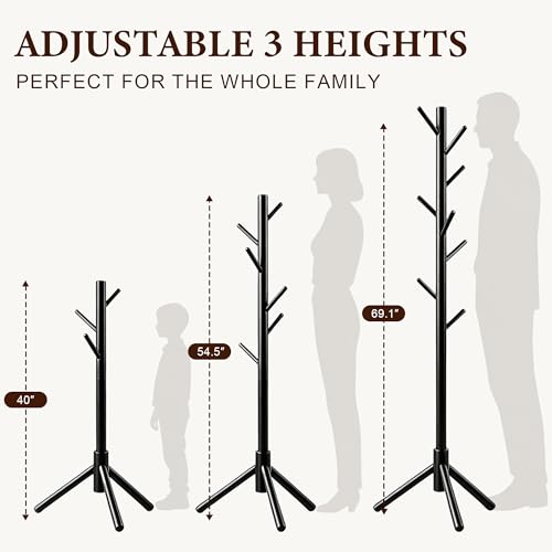 Wooden Coat Rack Freestanding with 8 Hooks & 3 Adjustable Sizes for Clothes, Space-Saving Design for Bedroom Office Entrance Holds Hats Coats Scarves Bags