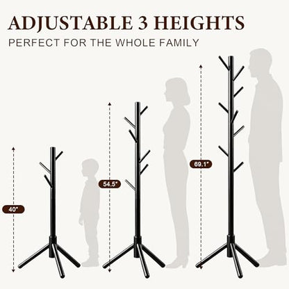 Wooden Coat Rack Freestanding with 8 Hooks & 3 Adjustable Sizes for Clothes, Space-Saving Design for Bedroom Office Entrance Holds Hats Coats Scarves Bags