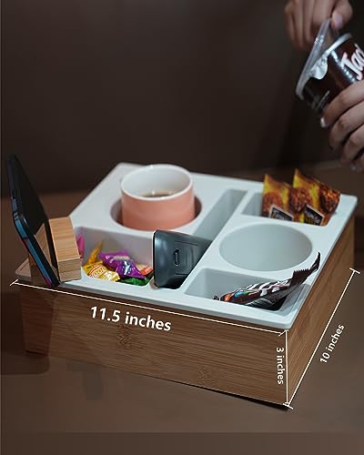 Couch Cup Holder Tray, Handy Silicone Bamboo Couch Caddy with Rotatable Phone Holder for Bed Car Seat Organizer, Waterproof Anti-Spill Sofa Cup Holder for Snacks Beverage Remote (White)