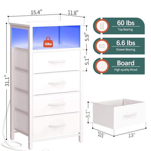 Yoobure Night Stand - LED White Nightstand with Charging Station for Dorm | Bedside Table with 4 Storage Drawers and Storage Shelf, End Table with USB Ports and Outlets, Tall Nightstand for Bedroom