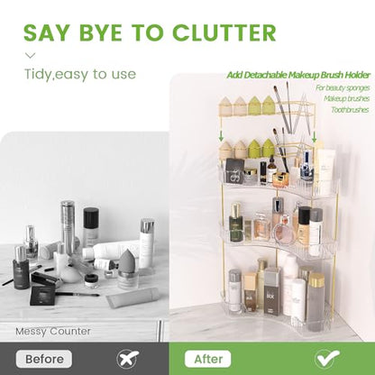 Makeup Organizer 3 Tier Bathroom Counter Organizer with Makeup Brush Holder | Corner Bathroom Organizer Countertop, Acrylic Counter Storage for Bathroom Dresser, Skincare Perfume Organizer- Clear