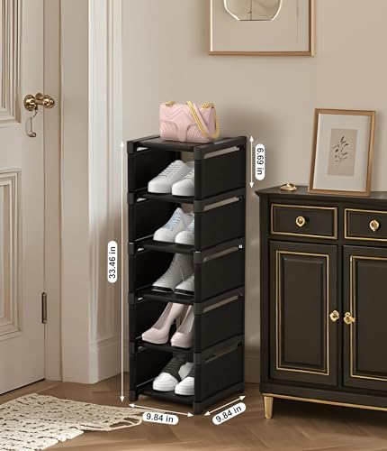 6-Tier Narrow Shoe Rack, Vertical Small Space Shoe Organizer, 9.84" Compact Slim Shoe Shelf for Closet & Entryway, Sturdy & Tool-Free Assembly, Adjustable Height for Boots