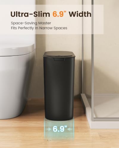 TIPGO 5 Gallon Motion Sensor Bathroom Trash Can with Lid, Automatic Garbage Can Touchless, Smart Plastic Waste Basket for Narrow Spaces, Bathroom, Office, Bedroom, Living Room (Black)
