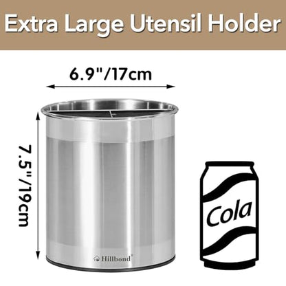 Hillbond 7.5x6.9 Inch EXTRA LARGE Utensil Holder for Countertop, Stainless Steel Rotating Organizer with Removable Divider, Space-Saving for Large Kitchen Utensils Set & Spacious Kitchens