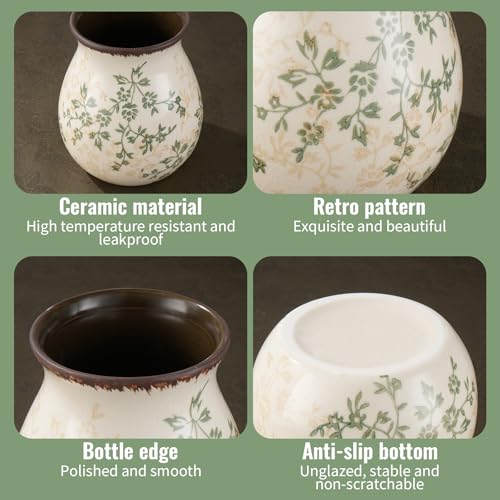 Rustic Ceramic Utensil Holder for Kitchen Counter Farmhouse Cooking Utensil Crock Vintage Kitchen Utensil Organizer Spatula Spoon Holder for Countertop Kitchen Decor (Springtime Green Vine)