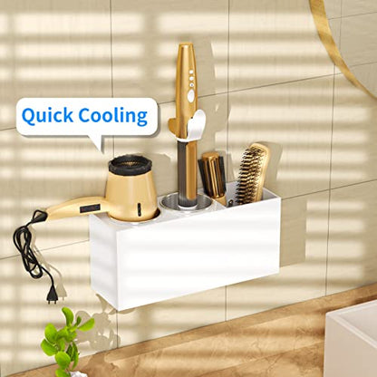 NIUBEE Hair Tool Organizer Wall Mount, Hair Dryer Holder for Bathroom,White | Acrylic Hair Organizer Storage Countertop, Blow Dryer Holder, Hot Tools Organizer for Curling Iron, Brush, 2 Stainless Cups