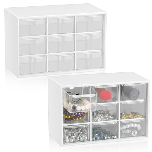 2 Pcs Mini Storage Drawers with 9 Clear Drawers,Wh... (White | Plastic)