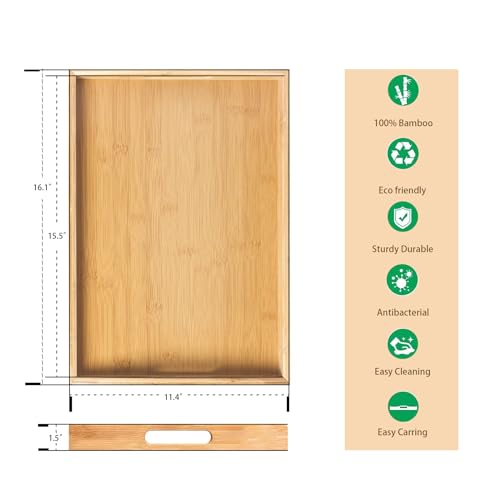 Krismax Serving Tray with Handles, Bamboo Breakfast Tray Wooden Trays Decorative Serving Platter for Eating, Working, Storing, Used in Bedroom, Kitchen, Living Room, Bathroom, Hospital and Outdoors