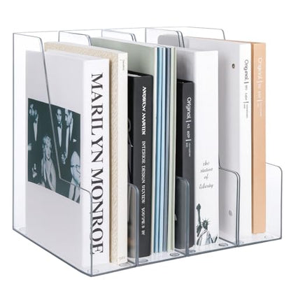 Vertical Magazine File Holder, Clear, 4 Pack | Plastic, Holds Magazines, Binders, Notebooks, Envelopes, Desk Organizer and Storage Bins