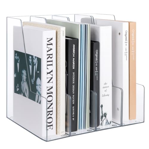 LALOBLUE Vertical Magazine File Holder, Clear, 4 Pack | Plastic, Holds Magazines, Binders, Notebooks, Envelopes, Desk Organizer and Storage Bins