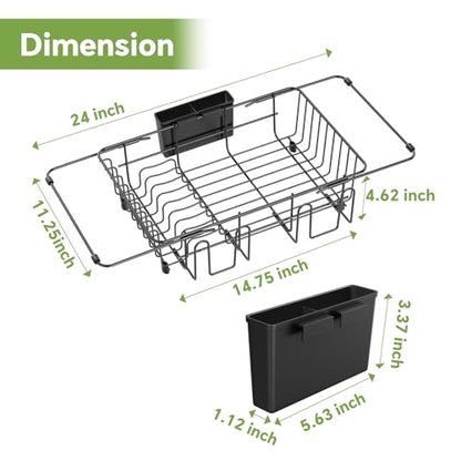 Simple Trending Expandable Dish Drying Rack in Sink, Black | Adjustable Dish Rack with Utensil & Cup Holder for Kitchen Counter, Dish Drainer Inside Sink, Over the Sink, Non-Slip Feet