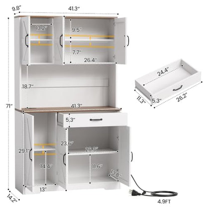 GRUSIGN 71" Pantry Cabinet with Charging Station, Large Capacity Kitchen Hutch Storage Cabinet, Kitchen Cabinet with Microwave Stand, Storage Drawers & Adjustable Shelves for Dining Room, White