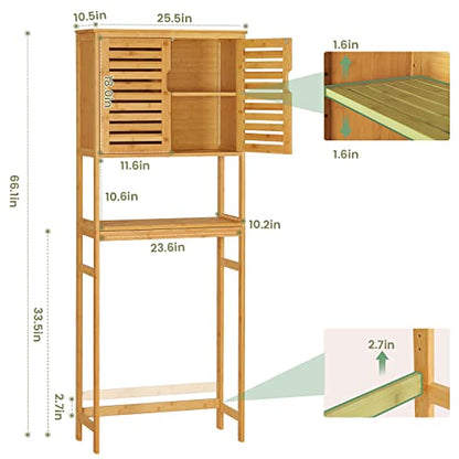 Over The Toilet Storage Cabinet, Tall Bathroom Cabinet Organizer with Cupboard and Adjustable Shelves, Freestanding Toilet Shelf Space Saver Rack Stand for Laundry Room, Balcony, Bamboo