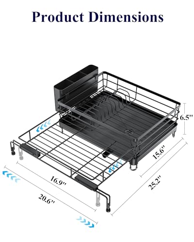 Kitsure Adjustable Dish Drying Rack, 15.6''-25.2''L × 16.9''W, Black | Large Dish Drying Rack, Rust-Resistant Dish Racks for Kitchen Counter, With Adjustable Support Legs, Cutlery Holder