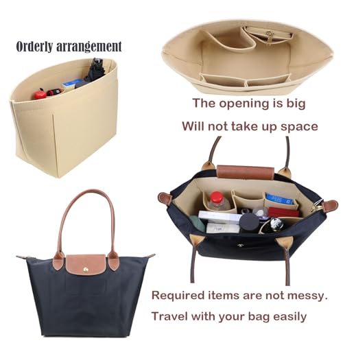 Purse Organizer Insert for Longchamp, Premium Felt Long Champ Le Pliage Handbag Organizer Large beige