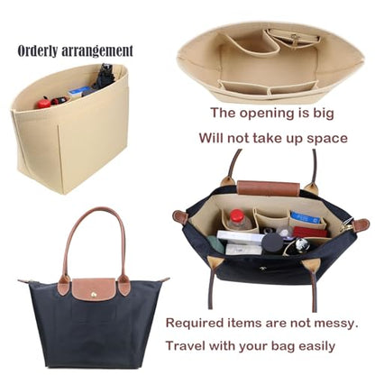 Purse Organizer Insert for Longchamp, Premium Felt Long Champ Le Pliage Handbag Organizer Large beige
