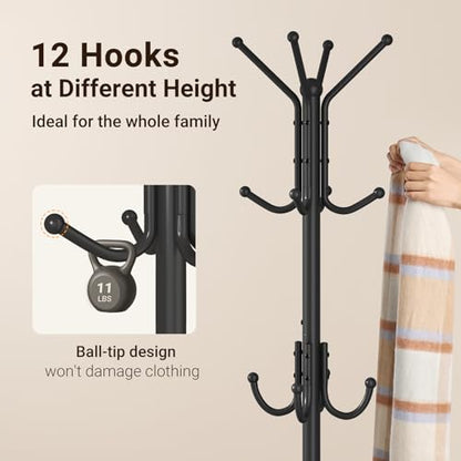 Coat Rack Freestanding, Metal Coat Rack with Umbrella Holder | 12 Hooks, Square Base, Heavy Duty Floor Standing Coat Tree for Entryway, Hallway, Living Room, Bedroom, Office, Black