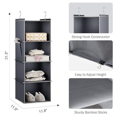 YOUDENOVA Hanging Closet Organizer and Storage for Clothes, 4-Shelf, Grey | Locker/RV/Camper Organizer, Side Pocket, Hanging Shelves for Small Closet, Dorm Room Essentials for Guys, Breathable Fabric