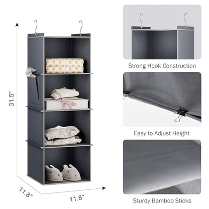 YOUDENOVA Hanging Closet Organizer and Storage for Clothes, 4-Shelf, Grey | Locker/RV/Camper Organizer, Side Pocket, Hanging Shelves for Small Closet, Dorm Room Essentials for Guys, Breathable Fabric